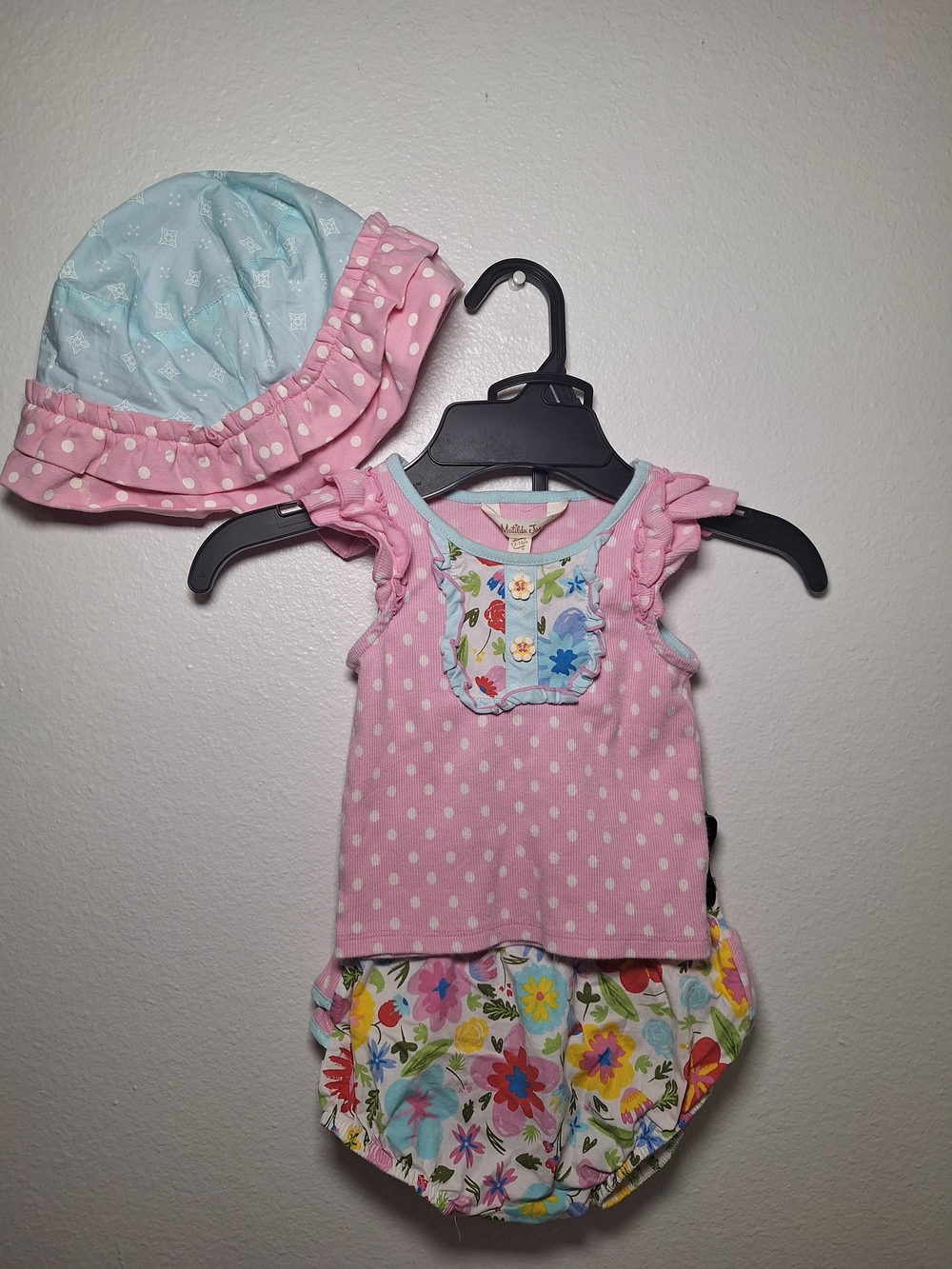 Matilda Jane Pink Polka Dot Romper with Floral Bloomer & Hat